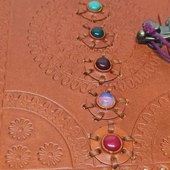 7 Chakra Stone Handmade Cognac Brown Leather Journal Diary College Book Sketch - Picture 2 of 8